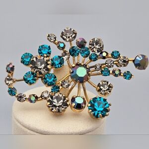 Aqua Smoke Gray Starburst Brooch ​Statement Pin 1950s Jewelry Austria Crystals